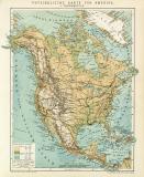 Physikalische Karte von Amerika I. Nordamerika historische Landkarte Lithographie ca. 1892