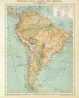 Physikalische Karte von Amerika II. Südamerika historische Landkarte Lithographie ca. 1892