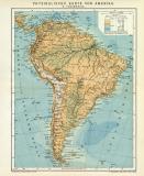 Physikalische Karte von Amerika II. Südamerika historische Landkarte Lithographie ca. 1897