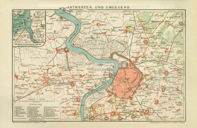 Antwerpen und Umgebung historischer Stadtplan Karte Lithographie ca. 1892