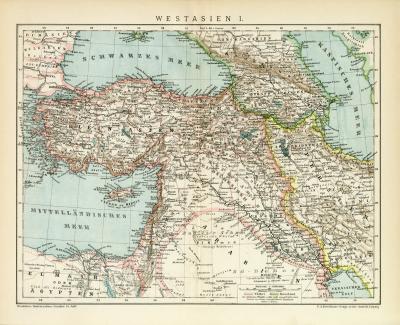 Westasien I. historische Landkarte Lithographie ca. 1892