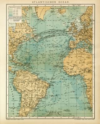 Atlantischer Ocean historische Landkarte Lithographie ca. 1897