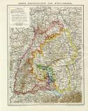 Baden Hohenzollern und Württemberg historische Landkarte Lithographie ca. 1897