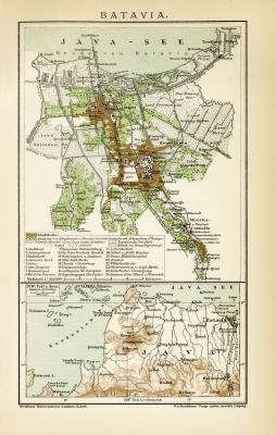 Farbige Lithographie aus dem Jahr 1891 zeigt einen Stadtplan und die Umgebung von Batavia (Jakarta).