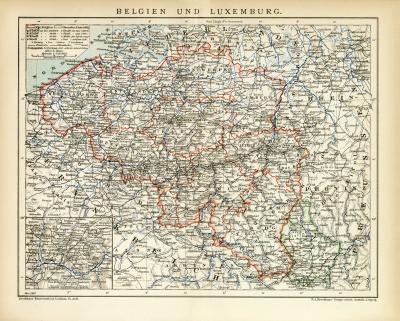 Belgien und Luxemburg historische Landkarte Lithographie ca. 1897