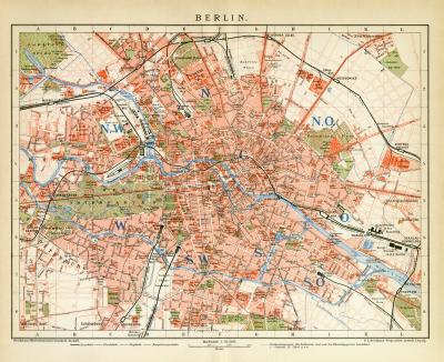 Farbige Lithographie aus dem Jahr 1891 zeigt einen Stadtplan von Berlin im Maßstab 1 zu 35.500.