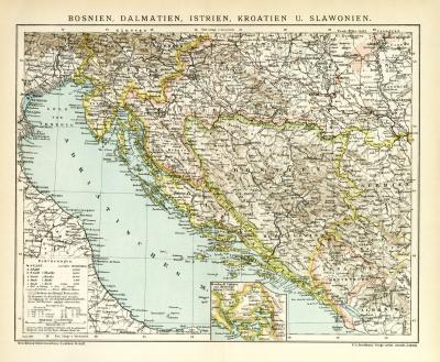 Bosnien Dalmatien Istrien Kroatien u. Slawonien historische Landkarte Lithographie ca. 1897