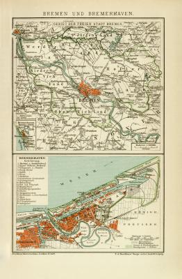 Bremen und Bremerhaven Stadtplan Lithographie 1896 Original der Zeit