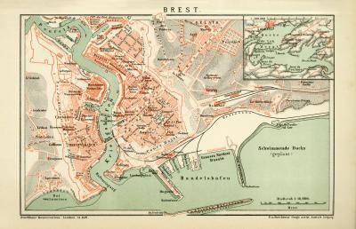 Brest historischer Stadtplan Karte Lithographie ca. 1892