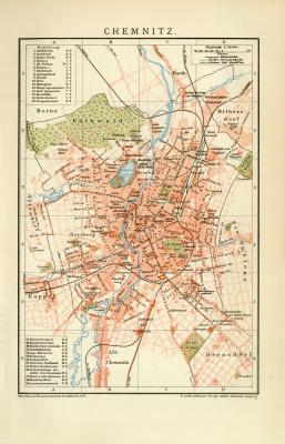 Chemnitz historischer Stadtplan Karte Lithographie ca. 1892
