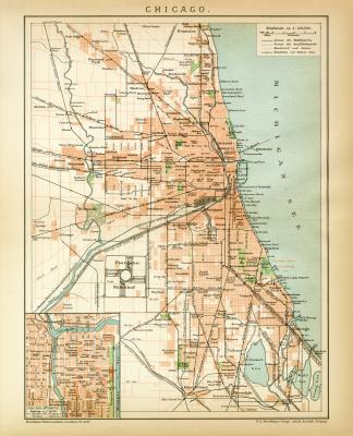Chicago historischer Stadtplan Karte Lithographie ca. 1896