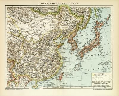 China Korea Japan Karte Lithographie 1898 Original der Zeit