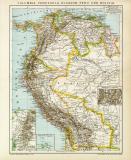 Columbia Venezuela Ecuador Peru Bolivia historische Landkarte Lithographie ca. 1892
