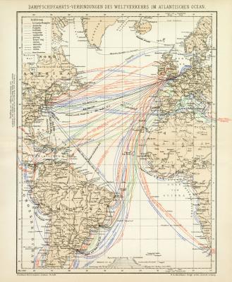 Dampfschifffahrts - Verbindungen des Weltverkehrs im Atlantischen Ozean historische Landkarte Lithographie ca. 1896