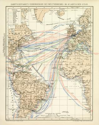 Dampfschifffahrts - Verbindungen des Weltverkehrs im Atlantischen Ozean historische Landkarte Lithographie ca. 1897