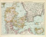 Dänemark und Südschweden historische Landkarte Lithographie ca. 1892