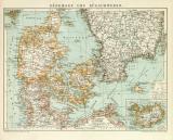 Dänemark und Südschweden historische Landkarte Lithographie ca. 1897
