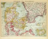 Dänemark und Südschweden historische Landkarte Lithographie ca. 1898