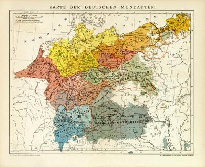 Karte der Deutschen Mundarten historische Landkarte Lithographie ca. 1892