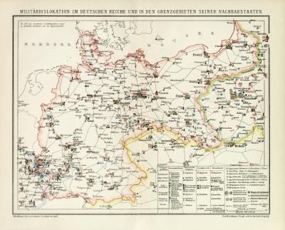 Militärdislokation im Deutschen Reiche und in den Grenzgebieten seiner Nachbarstaaten historische Militärkarte Lithographie ca. 1897