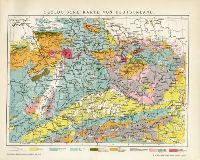 Deutschland geologische Karte Lithographie 1892 Original der Zeit