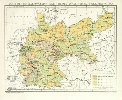 Karte der Bevölkerungsdichtigkeit im Deutschen Reiche (Volkszählung 1895) historische Landkarte Lithographie ca. 1898