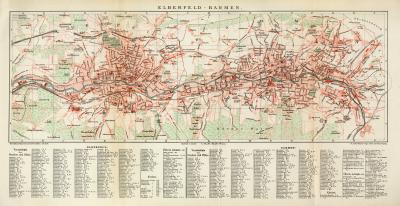 Elberfeld und Barmen historischer Stadtplan Karte Lithographie ca. 1892