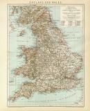 England und Wales Karte Lithographie 1892 Original der Zeit