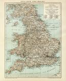 England und Wales Karte Lithographie 1896 Original der Zeit