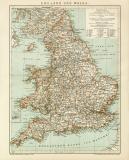 England und Wales Karte Lithographie 1897 Original der Zeit