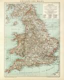 England und Wales Karte Lithographie 1898 Original der Zeit