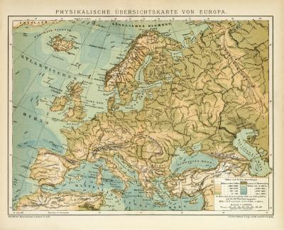 Europa physikalisch Karte Lithographie 1897 Original der Zeit