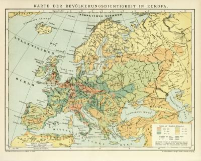Karte der Bevölkerungsdichtigkeit in Europa historische Landkarte Lithographie ca. 1898