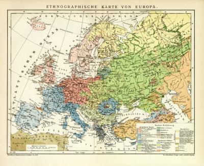 Ethnographische Karte von Europa historische Landkarte Lithographie ca. 1900