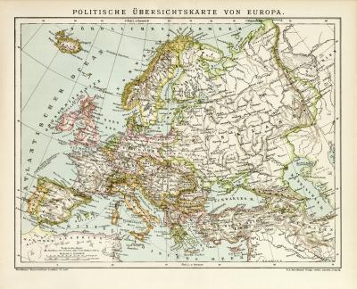 Europa politische Karte Lithographie 1892 Original der Zeit