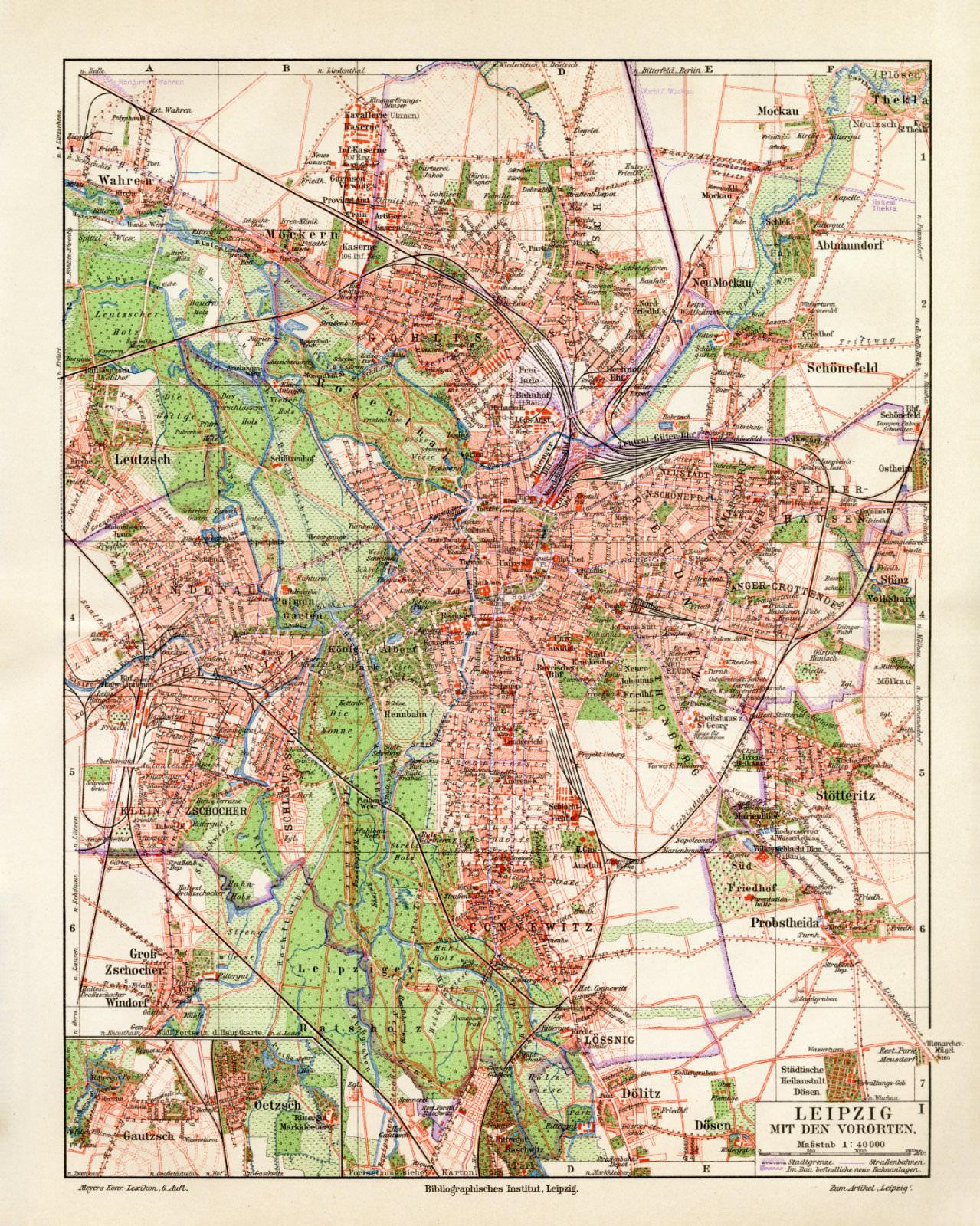 1905 antik Leipzig und Vororte historischer Stadtplan Karte Lithographie ca 