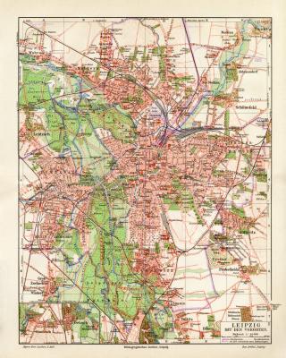 Leipzig und Vororte historischer Stadtplan Karte Lithographie ca. 1906