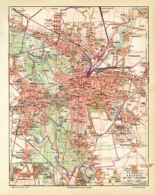 Leipzig und Vororte historischer Stadtplan Karte Lithographie ca. 1907