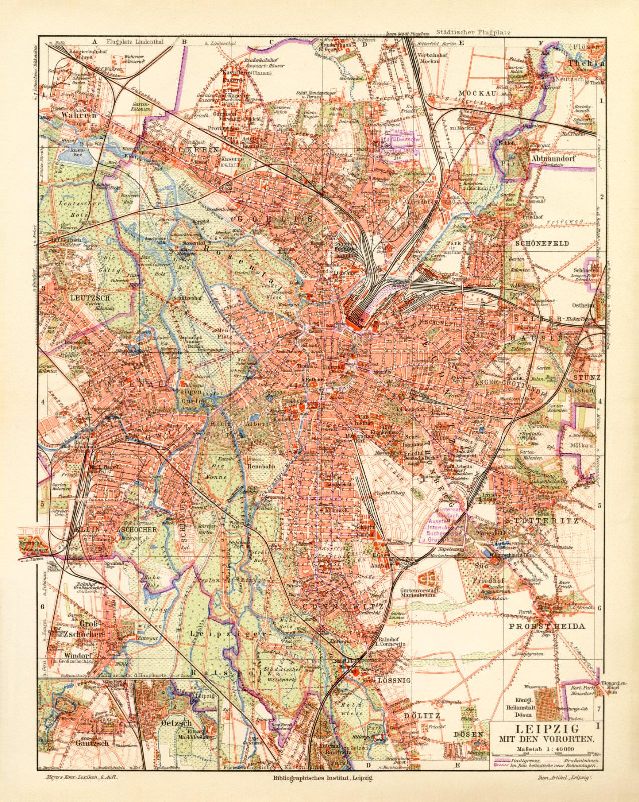Leipzig und Vororte historischer Stadtplan Karte Lithographie ca 1905 antik 