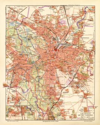 Leipzig und Vororte historischer Stadtplan Karte Lithographie ca. 1914