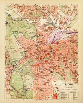 Leipzig historischer Stadtplan Karte Lithographie ca. 1908