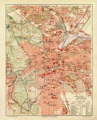 Leipzig historischer Stadtplan Karte Lithographie ca. 1909