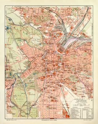Leipzig historischer Stadtplan Karte Lithographie ca. 1914
