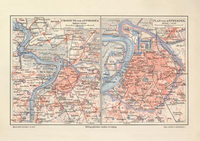Antwerpen historischer Stadtplan Karte Lithographie ca. 1902