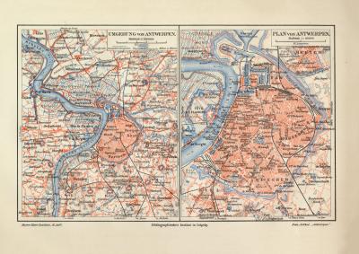 Antwerpen historischer Stadtplan Karte Lithographie ca. 1908