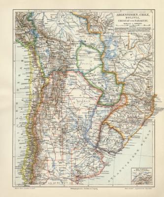 Argentinien Chile Bolivien Uruguay Paraguay historische Landkarte Lithographie ca. 1908