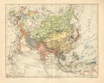 Asien politische &Uuml;bersicht historische Landkarte Lithographie ca. 1905