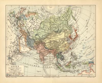 Asien politische &Uuml;bersicht historische Landkarte Lithographie ca. 1908