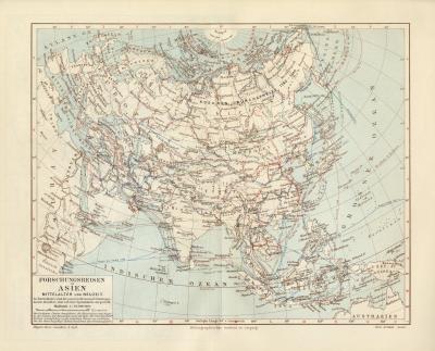Forschungsreisen Asien + Zentralasien historische Landkarte Lithographie ca. 1902