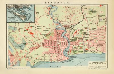 Singapur Stadtplan Lithographie 1909 Original der Zeit